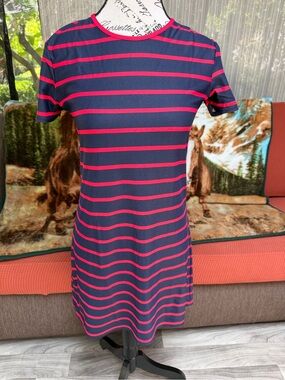 Navy & Pink Striped Short Sleeve Shift Dress